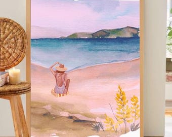 DIGITAL Download, Beach Woman Watercolor Digital Download – 18x24 Printable Art – Coastal Summer Decor