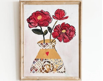 Original Mixed Media Peonies Painting in Vase, Floral Art (9x12 UNFRAMED)