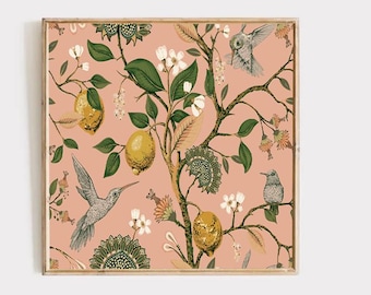Square DIGITAL Download, Printable, Art Print, DIY Print, Lemons and Birds Vintage Chinoiserie