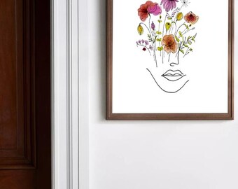 Floral Woman Line Art Print: Boho Botanical Wall Decor (Digital Download)