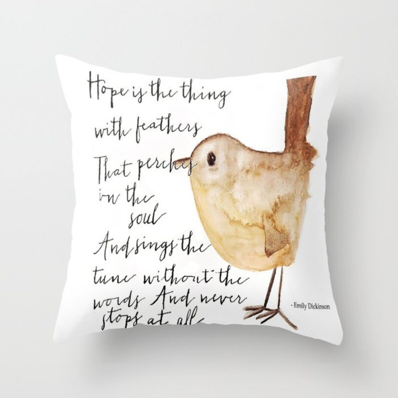 Hope is the Thing With Feathers Throw Pillow, feather and watercolor bird quote, anthropologie, emily dickinson, inspirational quote image 2