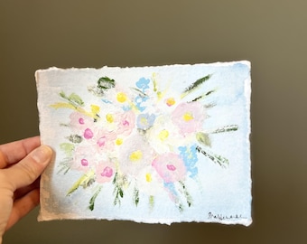 Original Floral Painting – Mixed Media Spring Blooms on Deckle Edge Paper