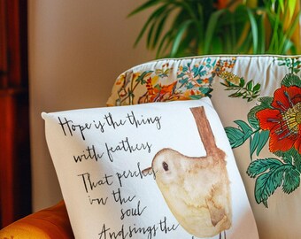 Emily Dickinson Pillow, Hope Is the Thing with Feathers, Outdoor Throw Pillow, Poetry Decor, Bird Pillow, Literary Gift, Nature Decor