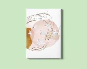 Abstract Bird Wall Art Print, Modern Boho Bird Flock, Blush Pink & Terracotta Decor, Neutral Coastal Canvas, Contemporary Nature Art
