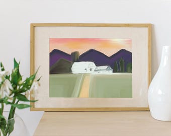 Sunset Farmhouse Landscape Poster | Rolled Poster, Country Field Wall Art, "Evening Stillness"