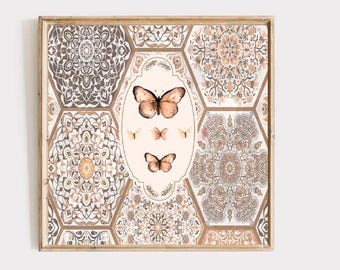 Square DIGITAL Download, Printable, Art Print, DIY Print, Vintage Farmhouse Decor, Boho Watercolor Butterfly Farm Animal Print