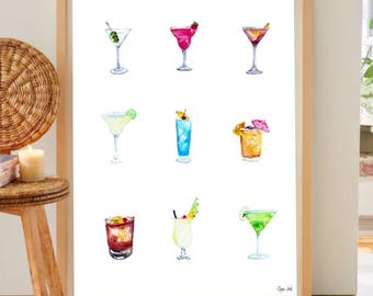 DIGITAL Download, Watercolor Cocktail Art Print - | Hand Painted Mixed Drinks Wall Art | Printable Bar Decor