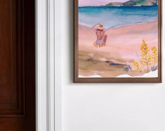 DIGITAL Download, Beach Woman Watercolor Digital Download – 18x24 Printable Art – Coastal Summer Decor