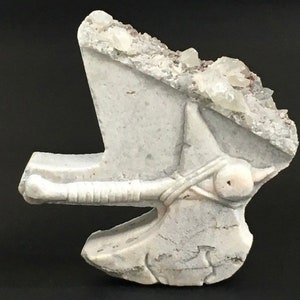 May include: A white, weathered, stone sculpture of a horse's head with a detailed bridle and bit. The sculpture is covered in small, clear crystals.