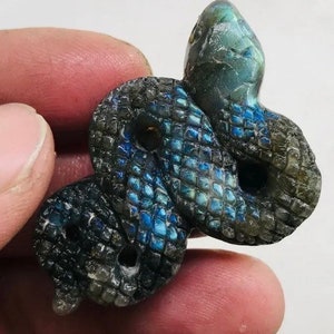 May include: A carved labradorite snake pendant with a blue and black iridescent finish. The snake is coiled with its head raised.