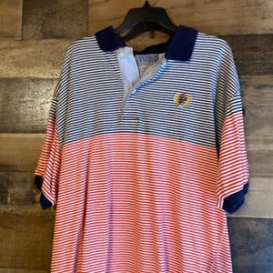 Vessels Polo Shirt Fits Mens Medium Tagged 1X Red White Navy Blue Striped Global Classics Golf Boat Yacht Sailing Vtg