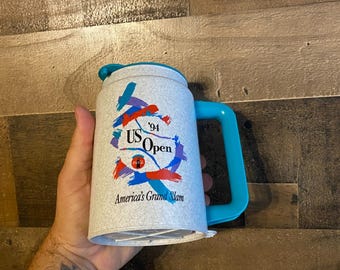 Taza de viaje vintage del US Open de 1994, Grand Slam de Estados Unidos, tenis, Agassi, bebida de doble cara, hecha en EE. UU., Whirley, Coca-Cola.
