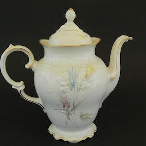 Vintage Porcelain Coffee-Tea Pitcher, Walbrzych Floral Gold Teapot Gilded Porcelain Made in Poland, Antique China Coffeepot, Retro Homeware