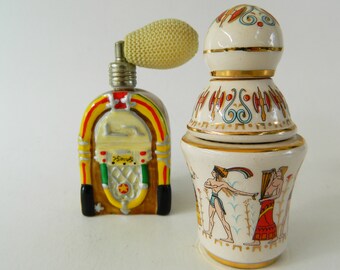 Ceramiczne butelki perfum w stylu vintage, ręcznie malowana szafa grająca i grecki design