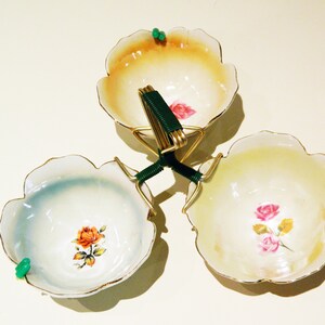 Vintage Mid-Century Condiment,Garnish,Candy Nut Serving Bowls,3 Porcelain Bowls,Country Cottage, Woven Plastic Handle Triplet Vintage Bowls