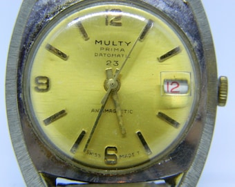 Zegarek analogowy vintage, zegarek na rękę vintage, męski zegarek szwajcarski vintage, zegarek kolekcjonerski vintage, Multi Prima Datomatic 23, prezent walentynkowy