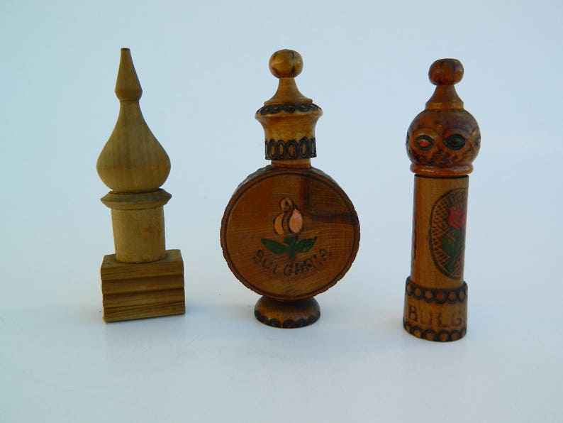Vintage Bulgarian Rose Essence Bottles,Set of 3 Tiny Wooden Bottles,Bulgarian Souvenir,Tiny Wooden Perfume Container,Collectible Bottles image 5