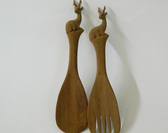 Salad Serving Wooden Set , Vintage Serving Set, Deer Rustic Serving Utencils, Vintage Tableware,Vintage Homeware