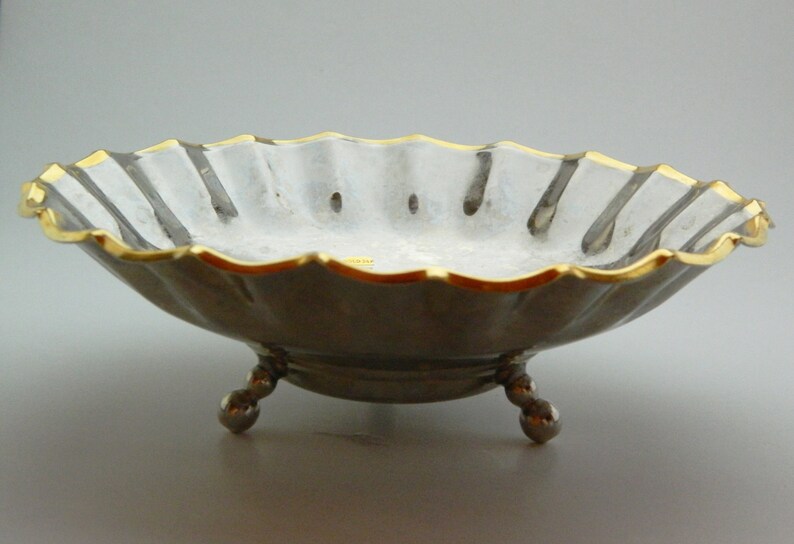 Vintage 24k Gold & Silver Plated Serving Bowl Footed 1950's ,retro Gift