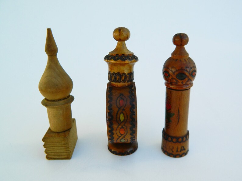 Vintage Bulgarian Rose Essence Bottles,Set of 3 Tiny Wooden Bottles,Bulgarian Souvenir,Tiny Wooden Perfume Container,Collectible Bottles image 3