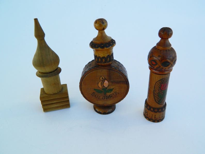 Vintage Bulgarian Rose Essence Bottles,Set of 3 Tiny Wooden Bottles,Bulgarian Souvenir,Tiny Wooden Perfume Container,Collectible Bottles image 2