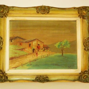 Vintage Original Oil Painting On Canvas Country house Framed,  Artwork In Antique  Wooden Frame 1960&#39;s,Vintage Home