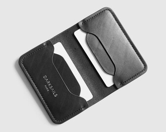 Black leather bifold Card Holder - Handmade in Full grain vegetable tanned Leather - Gift for him or her