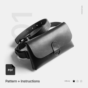 Puede incluir: Riñonera de cuero negro con hebilla plateada y cinturón negro a juego. El patrón y las instrucciones para hacer la bolsa se incluyen en un documento PDF. El nivel de dificultad se indica con tres estrellas.