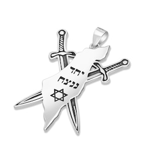 Carte d'Israël en argent 925, grand pendentif, épées en fer, guerre d'Israël et phrase « Ensemble, nous gagnerons », collier cadeau territoire de croquis d'Israël
