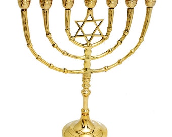 Custom Engrave Brass Copper MENORAH & Star Of David Authentic 12 Inch Height Seven Branches Vintage Jerusalem Candle Holder + Your Engraving