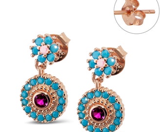 Silver 925 Fully Hand Made Pair Of Earrings With 14K Rose Gold Plating & Inlaid With Natural Stones: Ruby, Turquoise Stones, Israel Art Gift