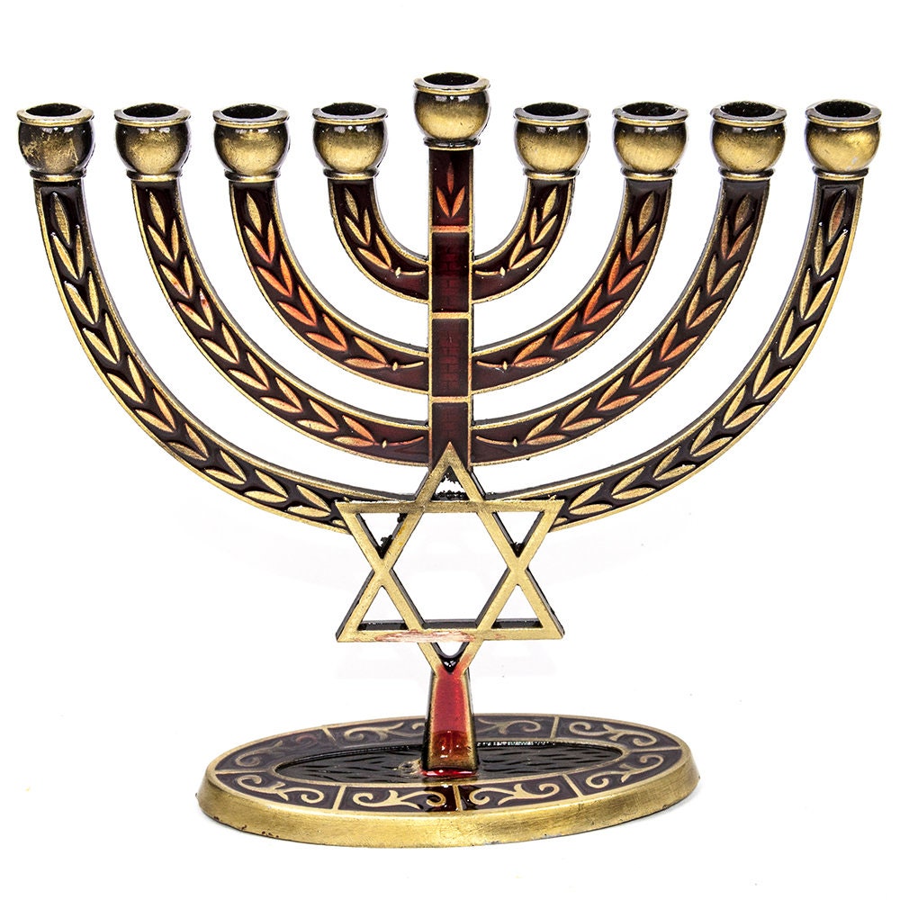 New Israel Star Of David 9 Branch Hanukkah Menorah Red Enamel & Bronze Jerusalem Hanukia Israel Chanukia Gift