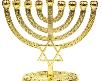 Shiny 14k Gold Plating Israel Star Of David CHANUKIA 9 Branch Hanukkah Menorah Jerusalem Hanukia Israel Giftmenorahs for chanukah