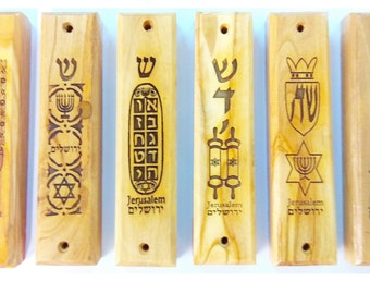 Set Of 5 Olive Wood 6 Inch Height LARGE Door Mezuzah From Israel: Star Of David ,Menorah, Torah, Shadai, Ten Commandments , Mezuzah Pack Lot