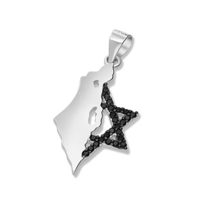 Pendentif carte d'Israël en argent 925, moitié carte d'Israël et moitié étoile de David avec zircons noirs, collier cadeau du 7 octobre, territoire d'Israël