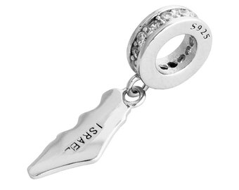 Sterling Silver 925 With White Zircons Israel Map Territory Shaped Charm For Charm Bracelet Bead Necklace
