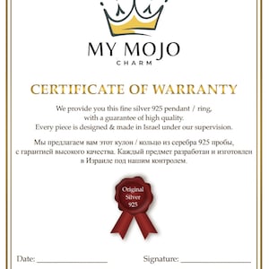 May include: Certificate of warranty for a silver pendant or ring. The certificate states that the piece is made in Israel with a guarantee of high quality. The certificate has a red seal with the words "Original Silver 925".