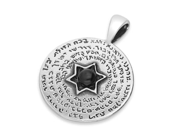 Silver 925 & Genuine Onyx Stone Powerful Spiritual 72 NAMES OF GOD Large Pendant, Kabbalistic Key To Abundance Of Blessing, Fortune Necklace