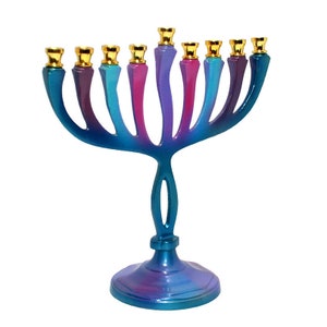 Personalized Jewish Art Hanukia Hanukkah Menorah 10 Inch Aluminium Hand Painted Candle Holder Jerusalem Gift + Your Personal Engraving