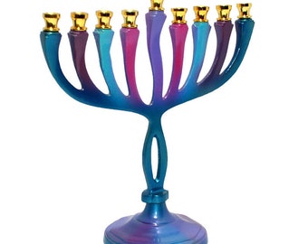 Personalized Jewish Art Hanukia Hanukkah Menorah 10 Inch Aluminium Hand Painted Candle Holder Jerusalem Gift + Your Personal Engraving