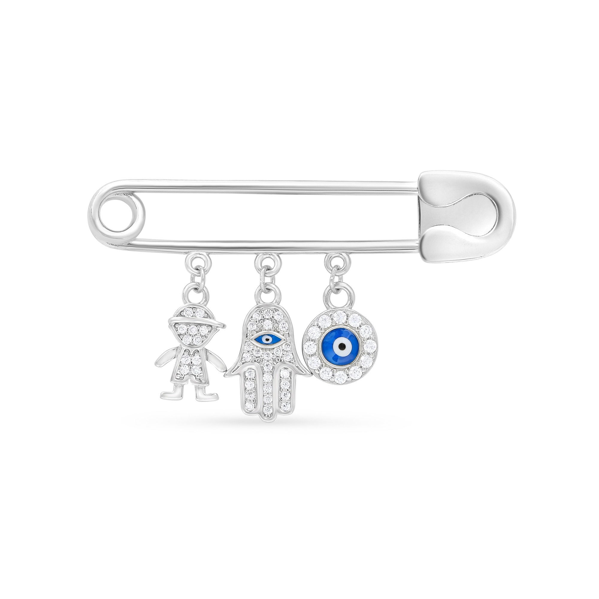 PERSONALIZED Silver 925 And Swarovski Stone Evil Eye BABY BOY Safety Pin & Blessing Card With Kabbalah Pendants: Hamsa, Round Eye, Cute Gift