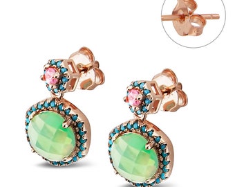 Silver 925 Fully Hand Made Pair Of Earrings With 14K Rose Gold Plating & Inlay With Natural Stones: Green Garnet, Turquoise, Rose Quartz