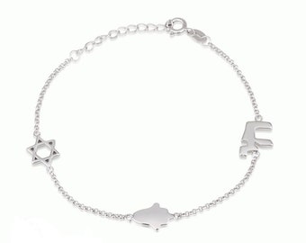 Silver 925 Classic Design Bracelet With TRIPLE Judaica Kabbalah Pendants: Chai , Star Of David, Hand, With Extension Option Israel Gift