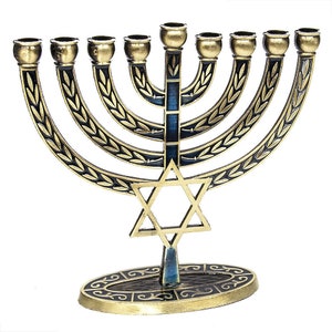 New Israel Star Of David 9 Branch Hanukkah Menorah Blue Enamel & Bronze Jerusalem Hanukia Israel Giftmenorahs for chanukah