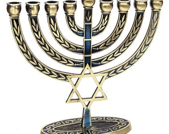 Nieuwe Israël Davidster 9 Tak Chanoeka Menorah Blauw Emaille & Brons Jeruzalem Hanukia Israël Giftmenorahs voor Chanoeka