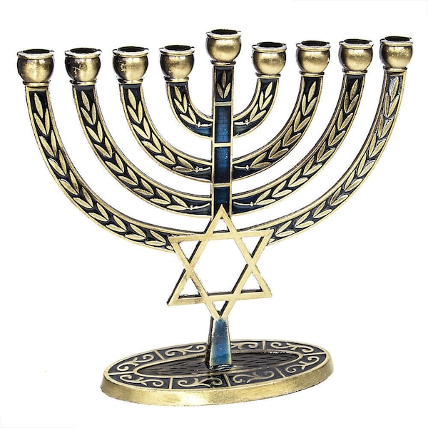 Nueva estrella de David de Israel, 9 ramas, Hanukkah Menorah, esmalte azul y bronce, Jerusalén, Hanukia, Israel, Giftmenorahs para Janucá
