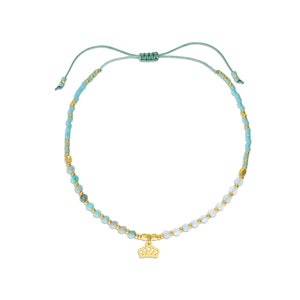 18K Gold Royal Crown Anhänger & Natürliche Perlen Edelsteine Energie Klassisches und zartes handgefertigtes Armband, Sizeble Dainty Jewellery dünnes Armband