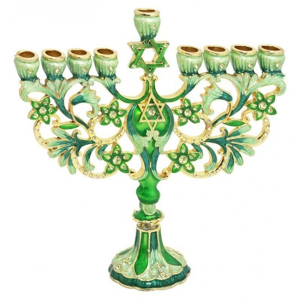 Gold Plated & Green Enamel With Zircons Inlay 9 Branch Hanukkah Menorah CHANUKIA From Jerusalem With Star Of David Judaica HANUKIA