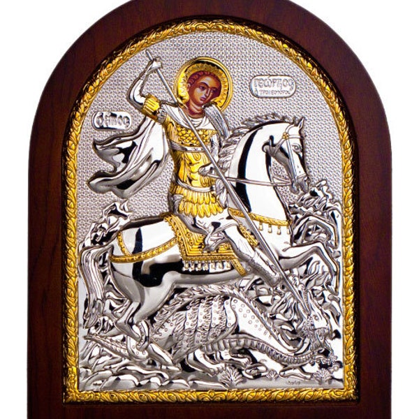 PERSONALIZED Sterling Silver 925 ST. GEORGE Blessed Icon: Saint George Ikona With Genuine Olive Wood Frame + Jerusalem Soil