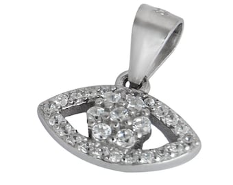May include: Silver eye charm pendant with clear cubic zirconia stones. The pendant is shaped like an eye with a small loop at the top for attaching to a chain.